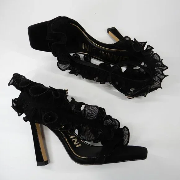 Gianni Bini Franz Sandals High Heels Size 6 Black Suede Chiffon Ruffle NEW - Picture 12 of 15